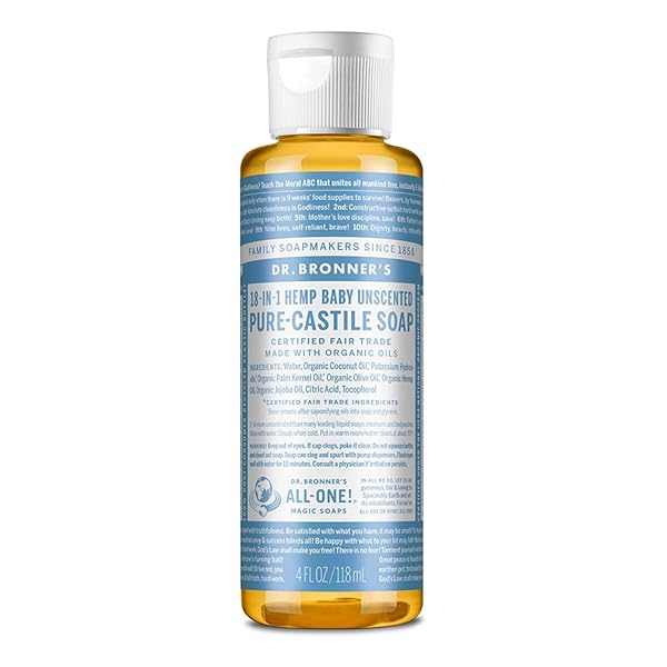 DR. BRONNER’S – PURE-CASTILE LIQUID SOAP (BABY UNSCENTED, 4 OUNCE) – MADE WITH ORGANIC OILS, 18-IN-1 USES: FACE, HAIR, LAUNDRY, DISHES, FOR SENSITIVE SKIN, BABIES, NO ADDED FRAGRANCE, VEGAN, NON-GMO