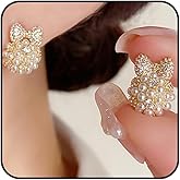Gold Rhinestone Bow Pearl Stud Earrings for Women Chunky CZ Bowknot Pearls Stud Earrings Dainty Butterfly Knot Beaded Earrings Jewelry Accessories