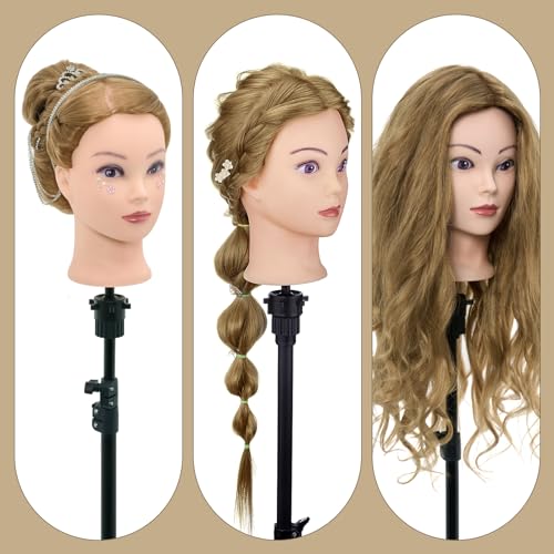 Neverland 28 Inch Professional Hairdressing Head, 80% Human Hair, Cosmetology Mannequin Doll for Salon with Stand + Hairdressing Tools Accessories Set (Blonde)