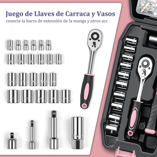 Sundpey Complete Tool Box 281 Pieces - Portable Tool Set with Ratchet Wrench Set Screwdriver Set Metric Hex Wrenches Pliers Pink