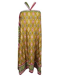 Womens Magic Wrap Skirt Green Printed Silk Sari Reversible Cover Up Cruise Dress