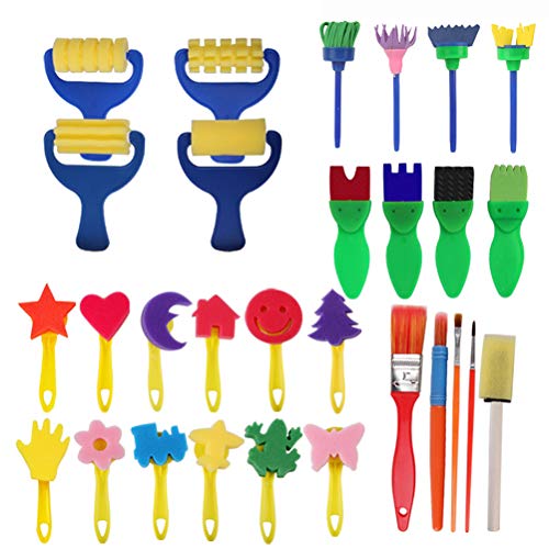 FCLANDING 29pcs Toddlers Early Learning Painting Tools Complete Set - Sponge Paint Brushes,Roller Brayers,EVA Flower Brushes,Bristle Hair Brushes for Art Craft DIY Supplies