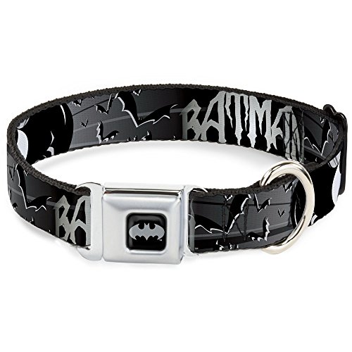 Buckle Down Seatbelt Buckle Dog Collar - Batman w/Bat Signals & Flying Bats Black/White - 1