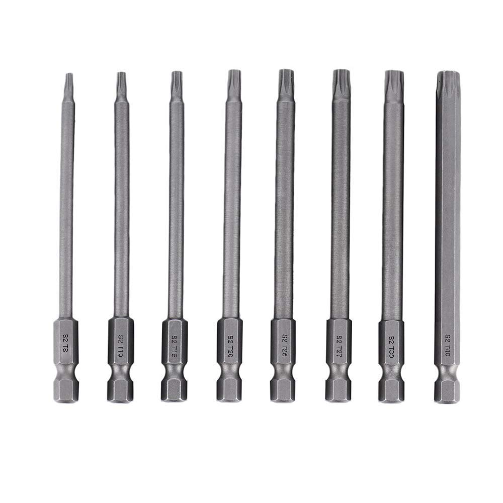 Bestgle 8Pcs Torx Screwdriver Bits Set, 1/4" Hex Shank T8–T40 Electric Magnetic Star Torx Security Screwdriver Bit Tools, 100mm Length, S2 Alloy Steel