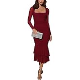 Atizon Women's Ruched Bodycon Long Sleeve Square Neck Wedding Guest Dress Formal Mermaid Evening Cocktail Party Maxi Dresses