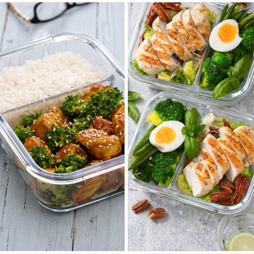 Kit com 5 Marmitas de Vidro com Divisória 1040ml - Potes Herméticos com Tampa e 2 Compartimentos - Ideal para Meal Prep Fitness - Vai ao Microondas, Forno e Freezer