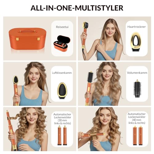 7-in-1 Hair Styler Set, Hair Styler - Airstyler, Car Wrap Curling Iron and Blow Dryer Brush Set, High Speed Ion Hair Dryer, Hair Styler for Quick Drying, for Styling, Volumising, Curling and