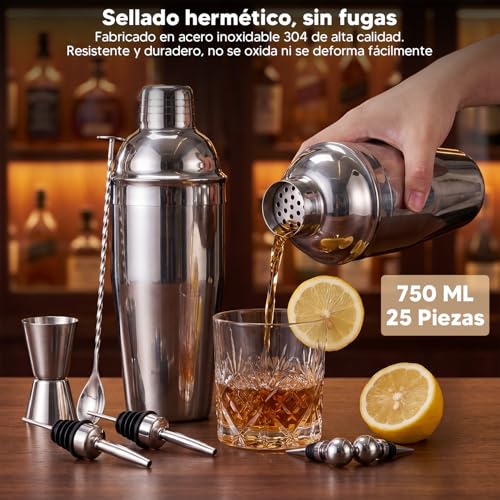 Garselay 25 Pcs Cocktail Bartender Kit,Shaker Cocktail de Acero Inoxidable de 750ml,Coctelera Kit con Soporte de Acrílico y Folleto de Recetas de Cóctel,Herramientas Profesionales de Kit de Bartender