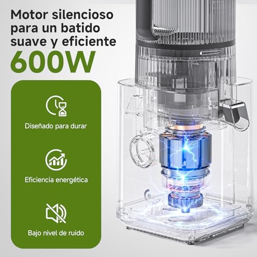 Extrator de sumo prensado a frio 600W, espremedor com boca XL 160 mm, espremedor lento de 2,5 L para frutas e legumes integrais, 2 filtros (sumo, leite vegetal, sorvete), fácil de limpar, preto mate