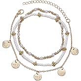 Aulacakuna Shell Ankle Bracelet Set for Women, Gold Boho Bead Adjustable Anklet, Hawaiian Beach Seashell Pearl Heart Starfish Conch Foot Jewelry Gifts