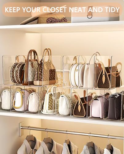 Bag Storage Organizer, 4 Pack Clear Plastic Handbag Shelf Stand, 4 Sections Bags Closet Shelf Divider for Closet, Display Holder Organiser for Purses, Clutches, Wallets, Book
