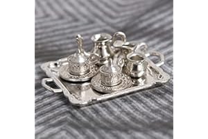 10pcs Miniature Silver Metal Teapot Coffee Tray Figurine Tableware Set for Home Office Desktop Decor
