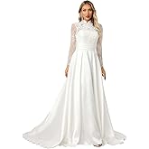 ZHEXUDAI Lace Stamp High Neck Wedding Dress with Long Sleeves ，Elegant Satin A-Line Bridal Gown with Train for Formal