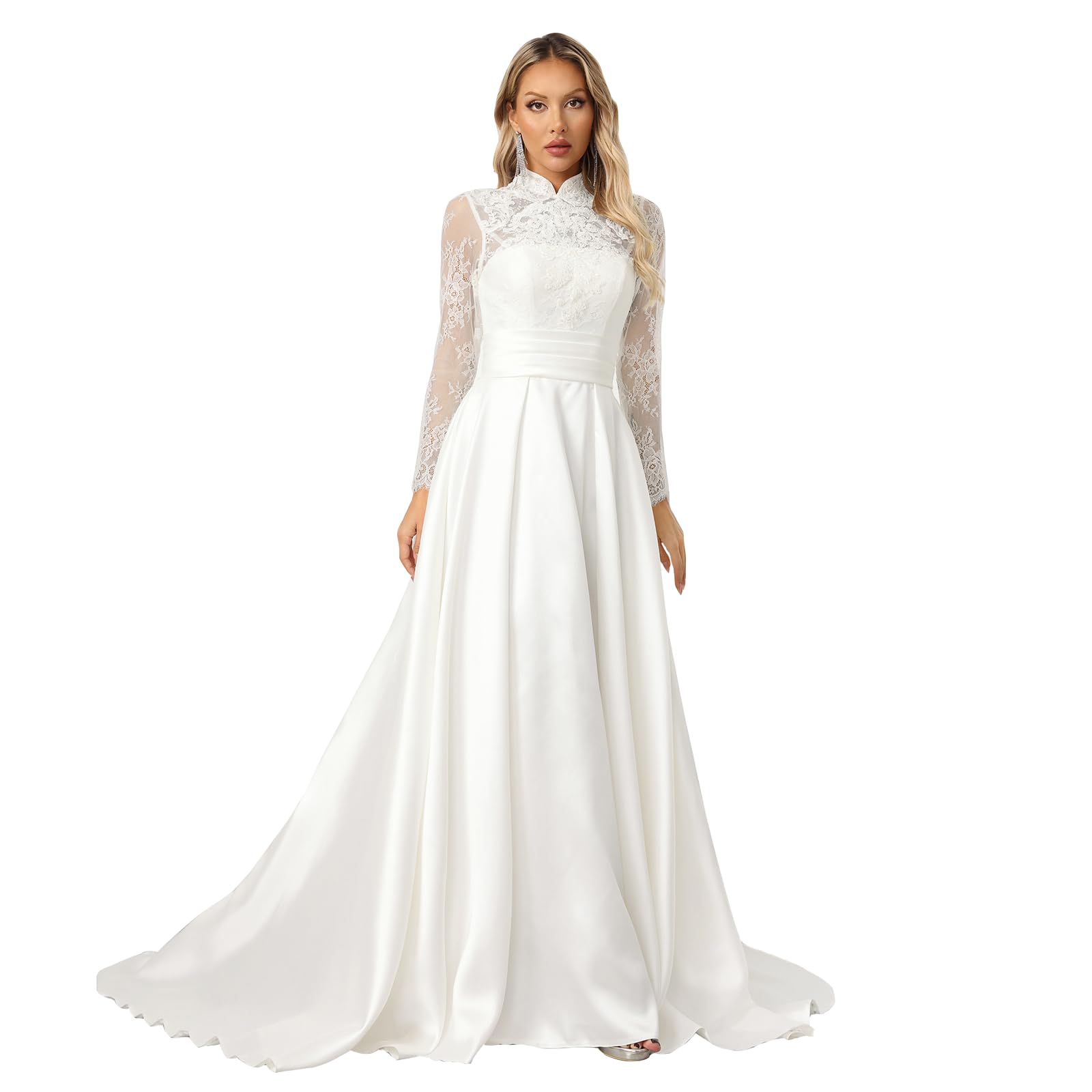 Photo 1 of ZHEXUDAI Elegant Long Lace Sleeve High Neck Wedding Dresses – Embroidered A-Line Bridal Gown with Chiffon & Satin Skirt (White) XL