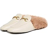 Vertundy Fur Mules with Matal Buckle Slip On Flats for Women Backless Sandals Dress Shoes Work Slides