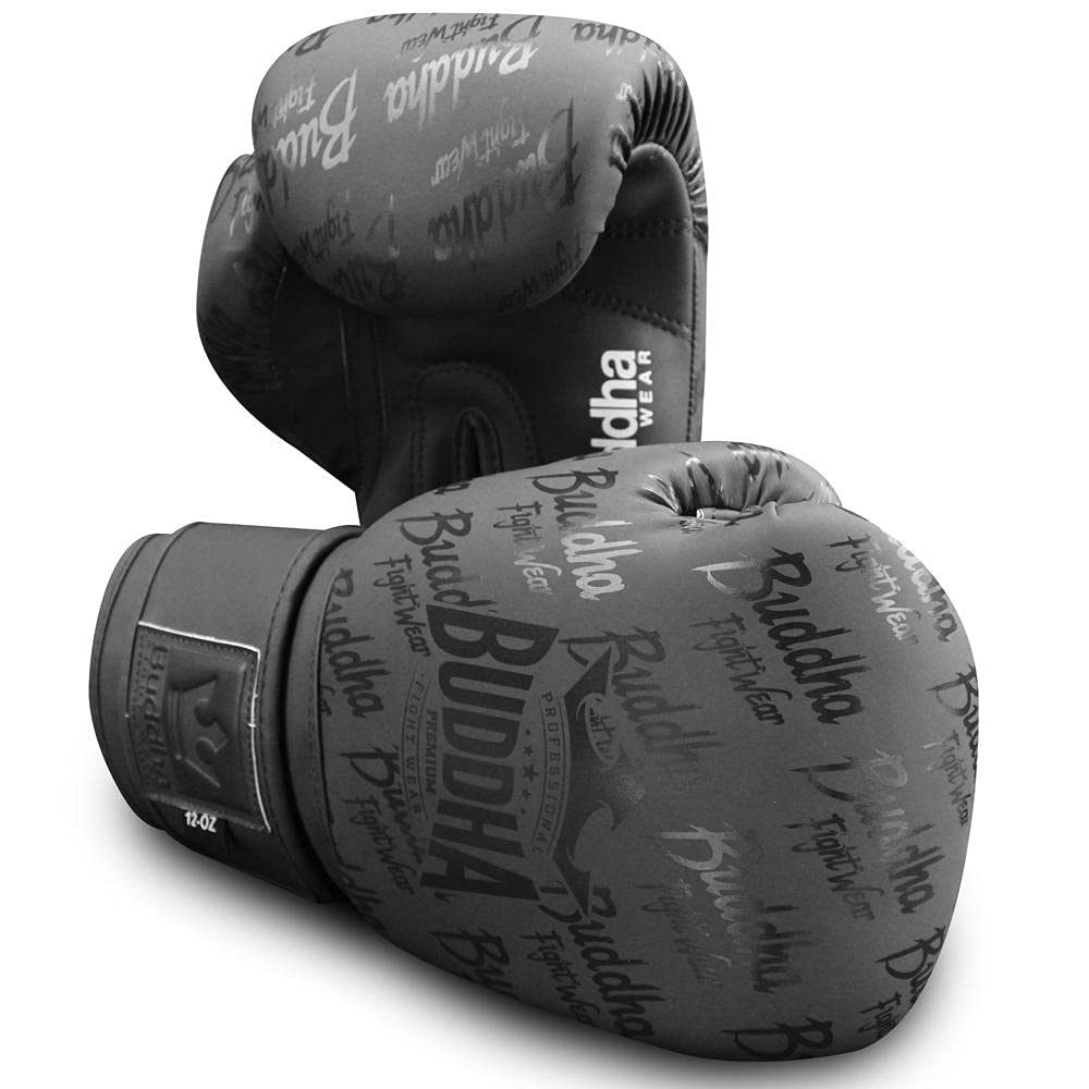 Buddha Fight Wear. Boxing Gloves Specially Designed for Boxing, Muay Thai, Kick Boxing and MMA Model Top Premium Matte Black 10 Oz