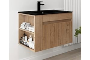 SSLine Wall Mounted Bathroom Vanity with Sink Combo Modern 30" Bathroom Vanity Set with Top Basin & Storage Shelf Wood Hanging Bath Cabinet w/Ceramic Sink (30"-Imitative Oak&Black)