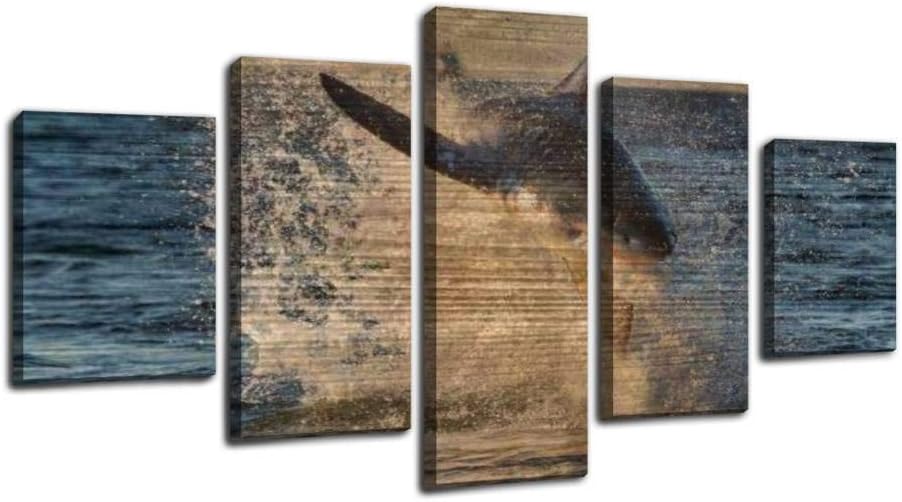 breaching great white shark front view, scientific name carcharodon Framed Art Wall Painting Pictures Canvas Prints Gallery Wrapped Poster Home Office Living Room Wall Decor Ready to Hang 5 Panel