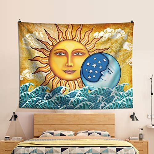 Pheolyh Ocean Sunshine Blue Moon Celestial Tapestry Bohemian Mandala Wall Hanging Fractal Faces Tapestry for Bedroom Living Room Dorm
