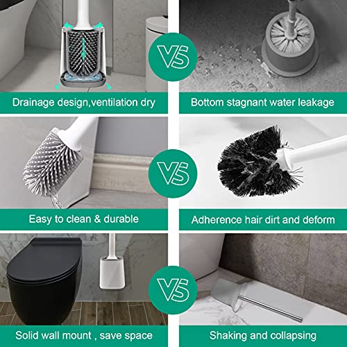 TORMAYS Klobürste Set, Silikon Toilettenbürste mit 3 in 1 Bürstenkopf, WC Bürste mit Tropfsicherem Schnell Trocknendem Bürstenhalter, Wandmontage und Stehen Multifunktions Klobürsten für Badreinigung