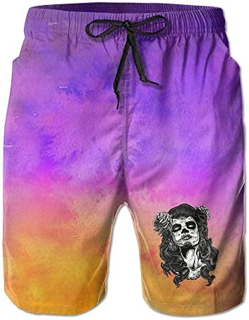 Sexy Lady Face Skull Wears Roses Newest Men's Swim Trunks Summer Quick Dry Board Shorts With Pockets And Drawstring
