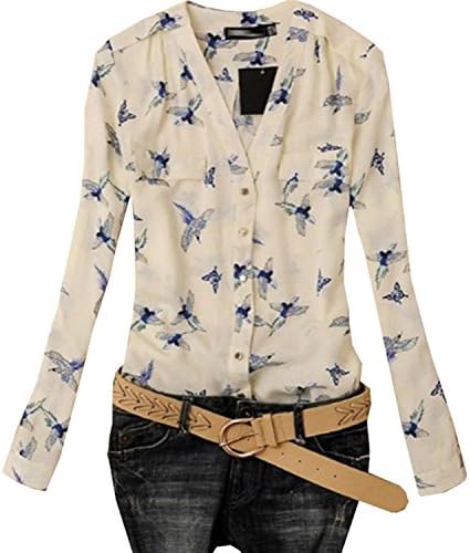 Pretty Show Lady Long Sleeve Brid Print Chiffon Fashion Slim Blouses T-shirt