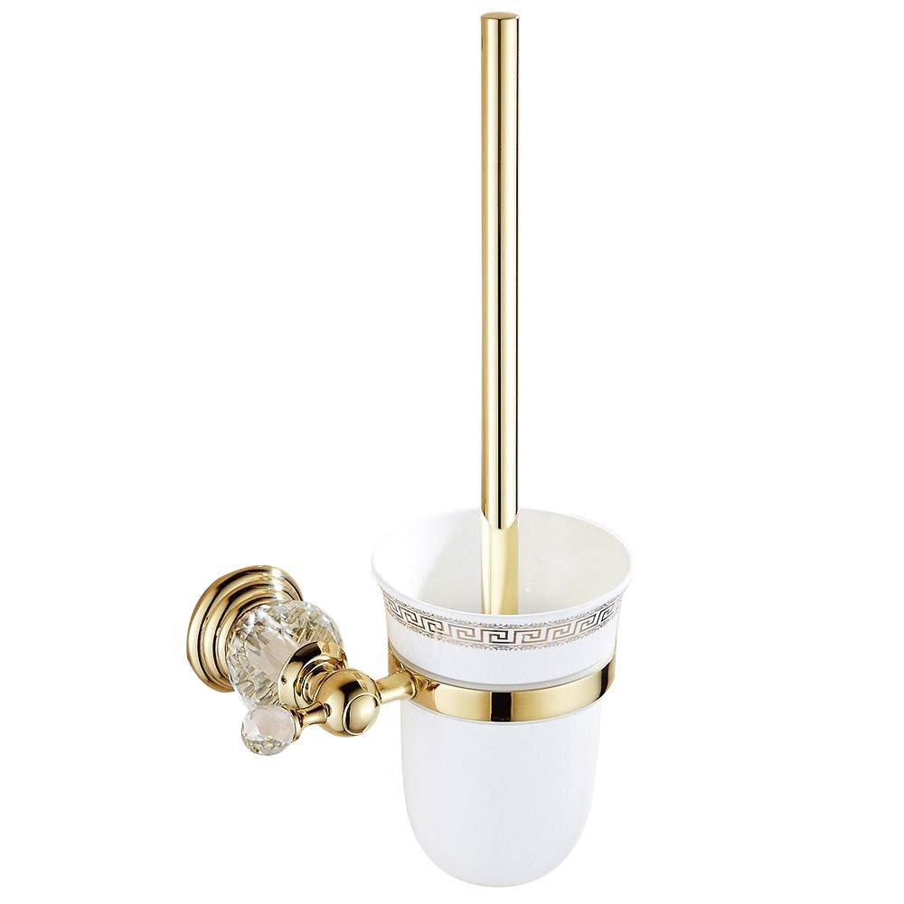 WOMAO Toilet Brush with Holder Gold，Ceramic Silicone Toilet Brushes and Holders Sets with Crystal European Style Bathroom Cleaning Brush Set Wall Mounted