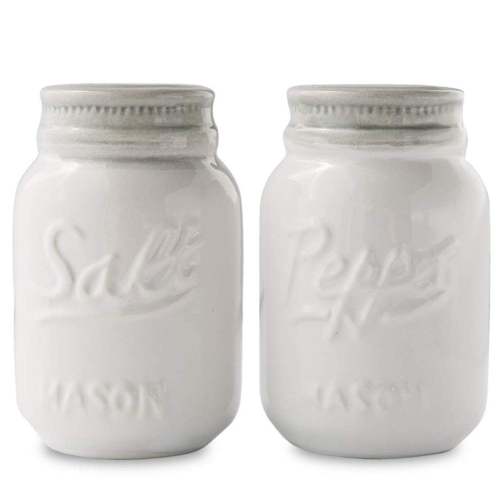 Vintage Mason Jar Salt & Pepper Shakers by Comfify - Adorable Decorative Mason Jar Décor for Vintage, Rustic, Shabby Chic - Sturdy Ceramic in White - 3.5 oz. Cap.
