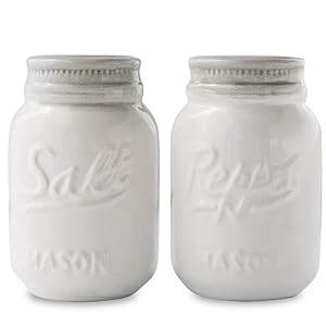 Vintage Mason Jar Salt & Pepper Shakers by Comfify - Adorable Decorative Mason Jar Décor for Vintage, Rustic, Shabby Chic - Sturdy Ceramic in White - 3.5 oz. Cap.