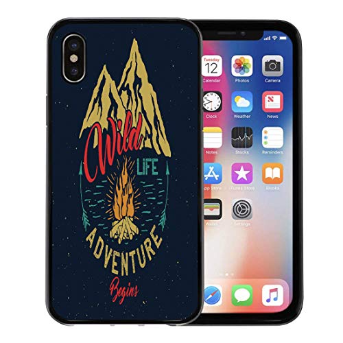 Emvency Phone Case for Apple iPhone Xs case,Camp Adventure Vintage Emblem Wildlife Inscription Graphic Mountain Patch for iPhone X Case,Rubber Border Protective Case,Black