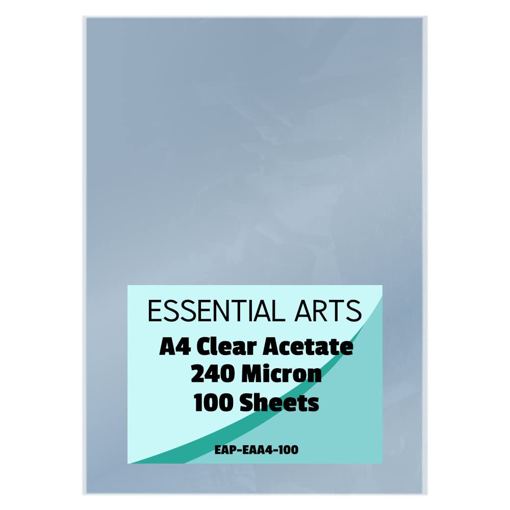 Essential Arts A4 Clear Acetate 240 Micron Pack of 100 Sheets. Extra Thick PVC Binding Cover Ideal for Etching, Craft, Stencils Picture Frames and Gifts 210x297mm