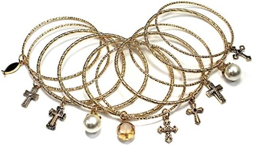 Aris Huge Stack Diamond Cut Charm Bangles Bundle: Bracelets & Bag (Gold-tone Cross Theme)