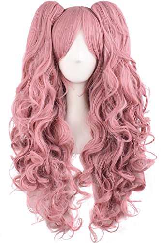 Tsnomore Long Curly Lolita Cosplay Wig junko cosplay wig + 2 clip on pigtail --Pink