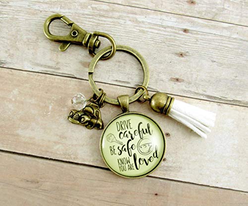 Drive Careful Be Safe Know You Are Loved Keychain New Driver Gift For Girl Keychain Sweet 16 White Tassel Car Charm