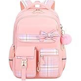 TYHOTULY Kids Backpack for Girls, Cute Plaid Large Capacity Bookbag for Students Teens Preppy Aesthetic Kawaii Bow Elementary Primary Middle School Book Bag 6-8 8-10 10-12 (Pink)