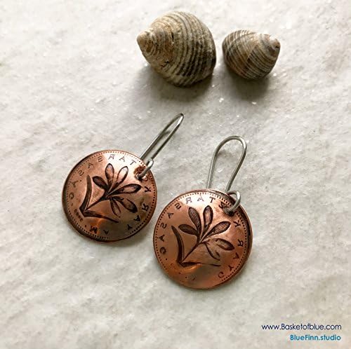 Copper Coin Hand Stamped Dangle Crocus Flower Earrings Hungary Coin