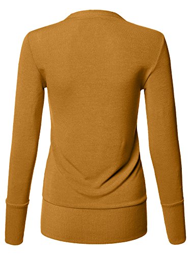 Luna Flower Women's V-Neck Snap Button Cardigan Sweater with Rib Detail ASH_Mustard Large(GCDW027)