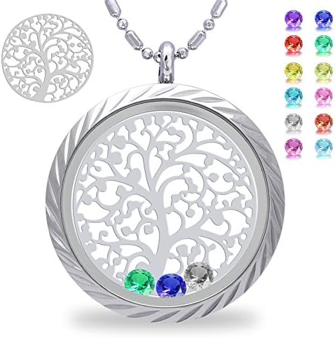 Tree of Life with Birthstone Crystal Screw Floating Charm Living Memory Locket, Mother in Law Necklace, Mothers Day Gifts, Gifts for Mom, Grandma, Daughter, Son, Birthday Stainless Steel Necklace