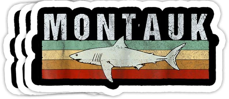 GrayFoxxy Montauk NY Shark Montauk Vintage Fishing Gift Decorations - 4x3 Vinyl Stickers, Laptop Decal, Water Bottle Sticker (Set of 3)
