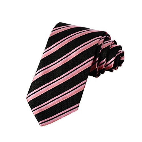 Mens Striped Pink Black Jacquard Woven Silk Tie Necktie
