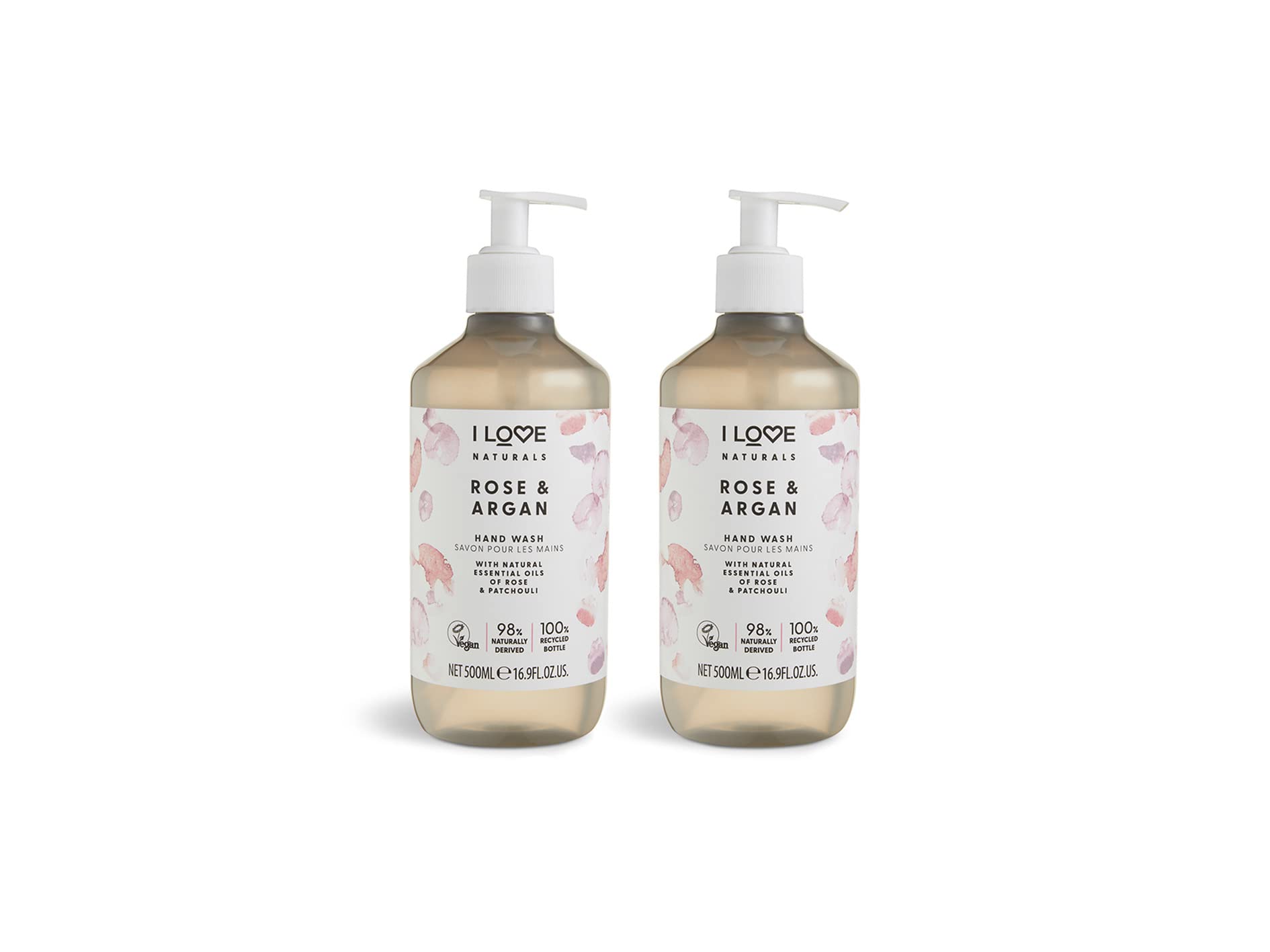 I Love Naturals Rose & Argan Hand Wash – With Natural Oils of Rose & Patchouli – Gently Cleanses & Refreshes – Nourishing Vegan Hand Soap – Floral Scented, Cruelty-Free Daily Hand Care 500ml 2 x 500ml