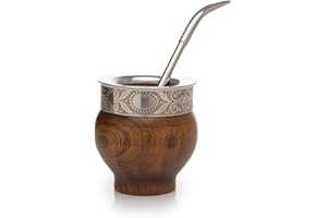 MATEAR Mate Imperial Argentino Algarrobo, Wood Mate, With Straw Tea Gourd Mug One Bombilla (Straw), Wrapped Handmade Leather,