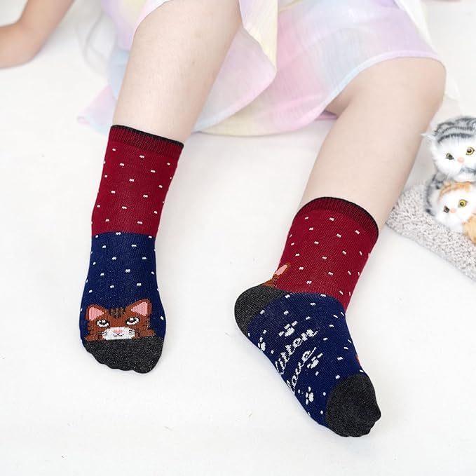PUTUO Kinder Mädchen Socken Kindersocken: Mädchen Lustige Socken aus Baumwolle Kinder Bunt Tiere Gemustert Strümpfe größe 31-34 Zeichentrickkatze 5 Paare 5