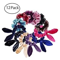Hair Scrunchies, 12 Pack Velvet Scrunchies Hair Ties No Damage Super Comfort Durable Stay in Place Hair Accessories - 6 Pcs Velvet Scrunchy Elastics Rabbit Ears Scrunchies Bobbles Soft Elegant Elasti