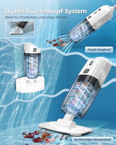 2026 Upgrade Pool Vacuum Cleaner Battery, Pool Handheld Vacuum Cleaner with Operating Time up to 70 Minutes, 250 cm Extension Poles, Pool Cleaner with 180 μm Filter, Ideal for Above Ground Pool and