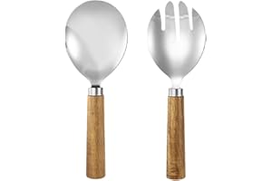 DZGUAI Stainless Steel Salad Tongs Salad Fork and Salad Spoon with Wooden Handle for Serving,Long Handle Salad Server Set Kit