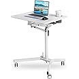 Mobile Sit Stand Desk - Height Adjustable Standing Laptop Desk Cart Rolling Couch Table on Wheels White Workstation with Gas Spring Riser for Home Office Classroom