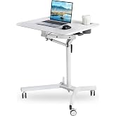 Mobile Rolling Desk, Small Standing Desk with Wheels,Portable Laptop Desk | Adjustable Height Sit Stand,Rolling Couch,Computer Cart,Workstation with Gas Spring Riser for Home Office Classroom, White 