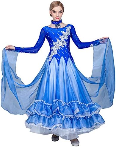 Biaoyiten 社交ダンス モダンドレス ダンスワンピース 大きい裾 ステージ衣装 全品最安値に挑戦 競技用ドレス レッスンウェア ダンスウェア キラキラ 競技着 ダンス衣装 練習着 ラテンドレス ワルツ タンゴ服 ビジュー 演出用 発表会ドレス