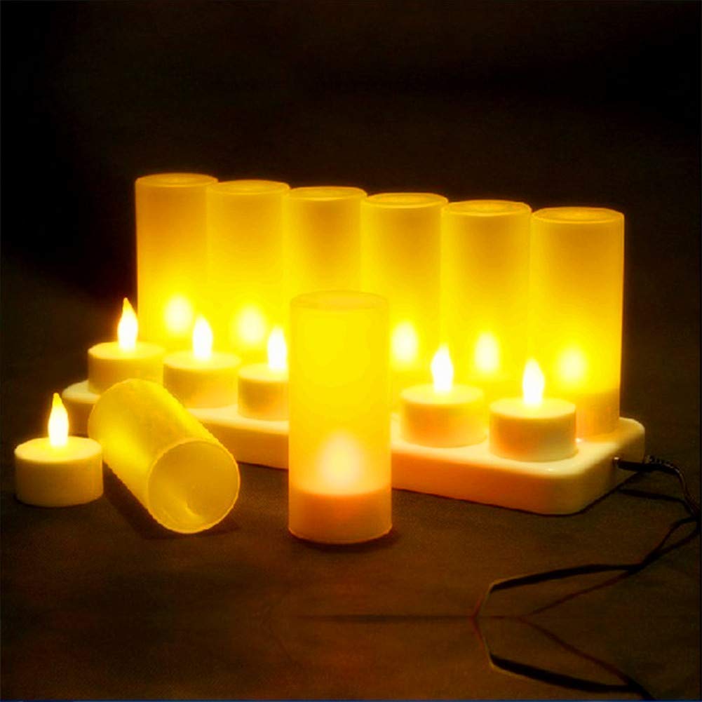 LACGO Set of 12 LED Rechargeable Flameless Candles, Rechargeable LED Tealight Candles with Amber, Flicker Light for Party Wedding Home Garden Decoration
